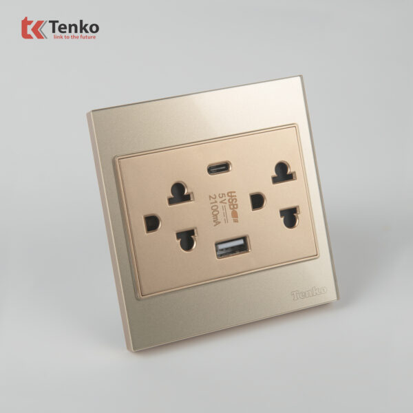 Ổ Cắm Kèm USB, Type C Mặt Kính Cường Lực Tenko TK-V18-045 – Giải Pháp Điều Khiển Điện Hiện Đại, Bền Bỉ Màu Vàng