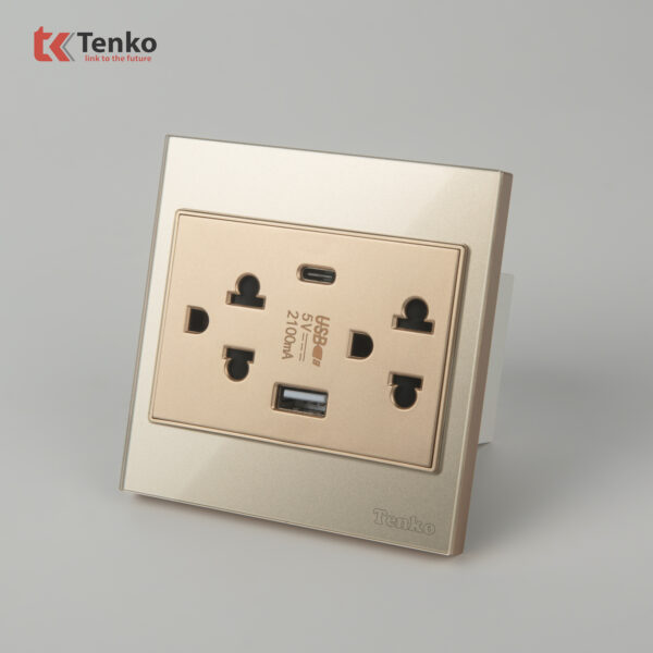 Ổ Cắm Kèm USB, Type C Mặt Kính Cường Lực Tenko TK-V18-045 – Giải Pháp Điều Khiển Điện Hiện Đại, Bền Bỉ Màu Vàng
