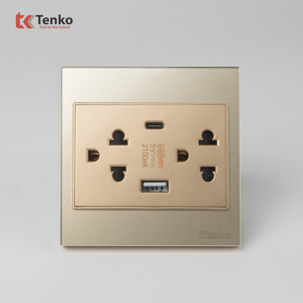 Ổ Cắm Kèm USB, Type C Mặt Kính Cường Lực Tenko TK-V18-045 – Giải Pháp Điều Khiển Điện Hiện Đại, Bền Bỉ Màu Vàng