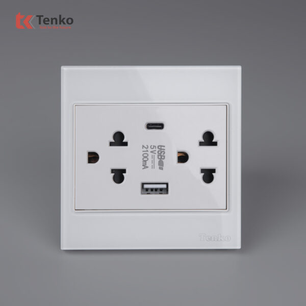 Ổ Cắm Đôi 3 Chấu + USB + Type C Kính Cường Lực Tenko TK-V18-045 – Giải Pháp Điều Khiển Điện Hiện Đại, Bền Bỉ