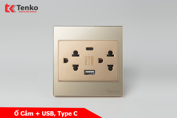 Ổ Cắm Kèm USB, Type C Mặt Kính Cường Lực Tenko TK-V18-045 – Giải Pháp Điều Khiển Điện Hiện Đại, Bền Bỉ Màu Vàng