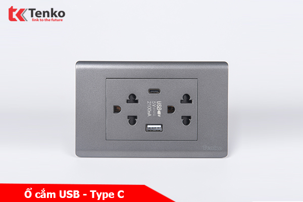 Ổ Cắm Đôi 3 Chấu Và USB Và Type C Âm tường Cao Cấp TENKO TK-C25-045 – Mặt Nhựa PC Xám