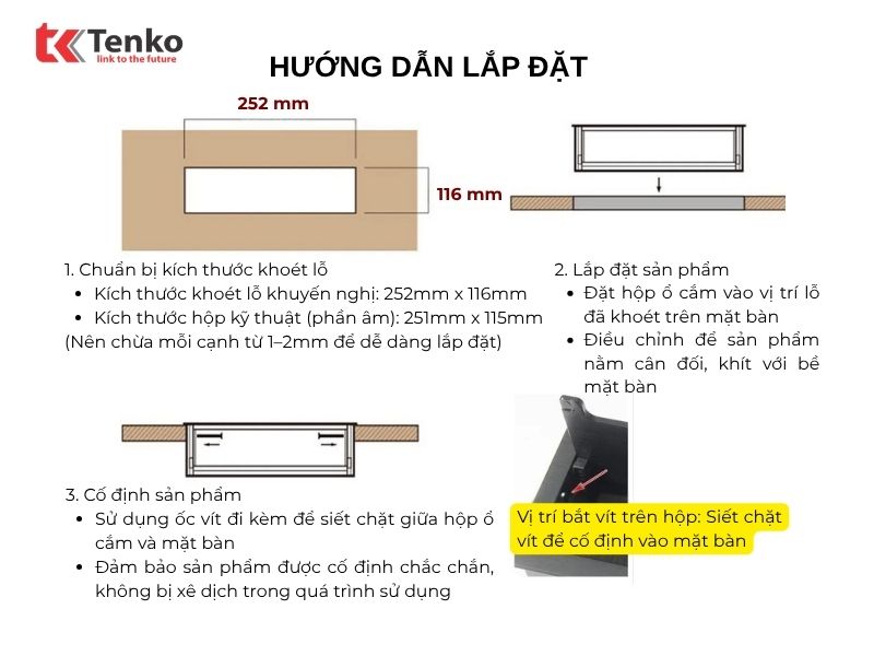 Hướng dẫn lắp đặt và thông số kỹ thuật hộp điện âm bàn TK-D4S